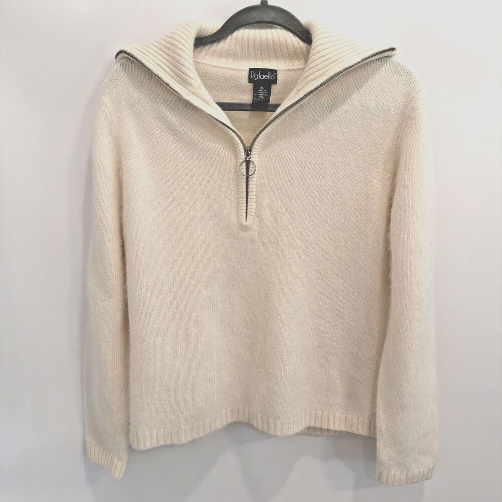 Vtg Angora Lambswool Sweater Womens Sz XL (Fits M) Cream Rafaella 1/2 Zip Funnel - Picture 2 of 13